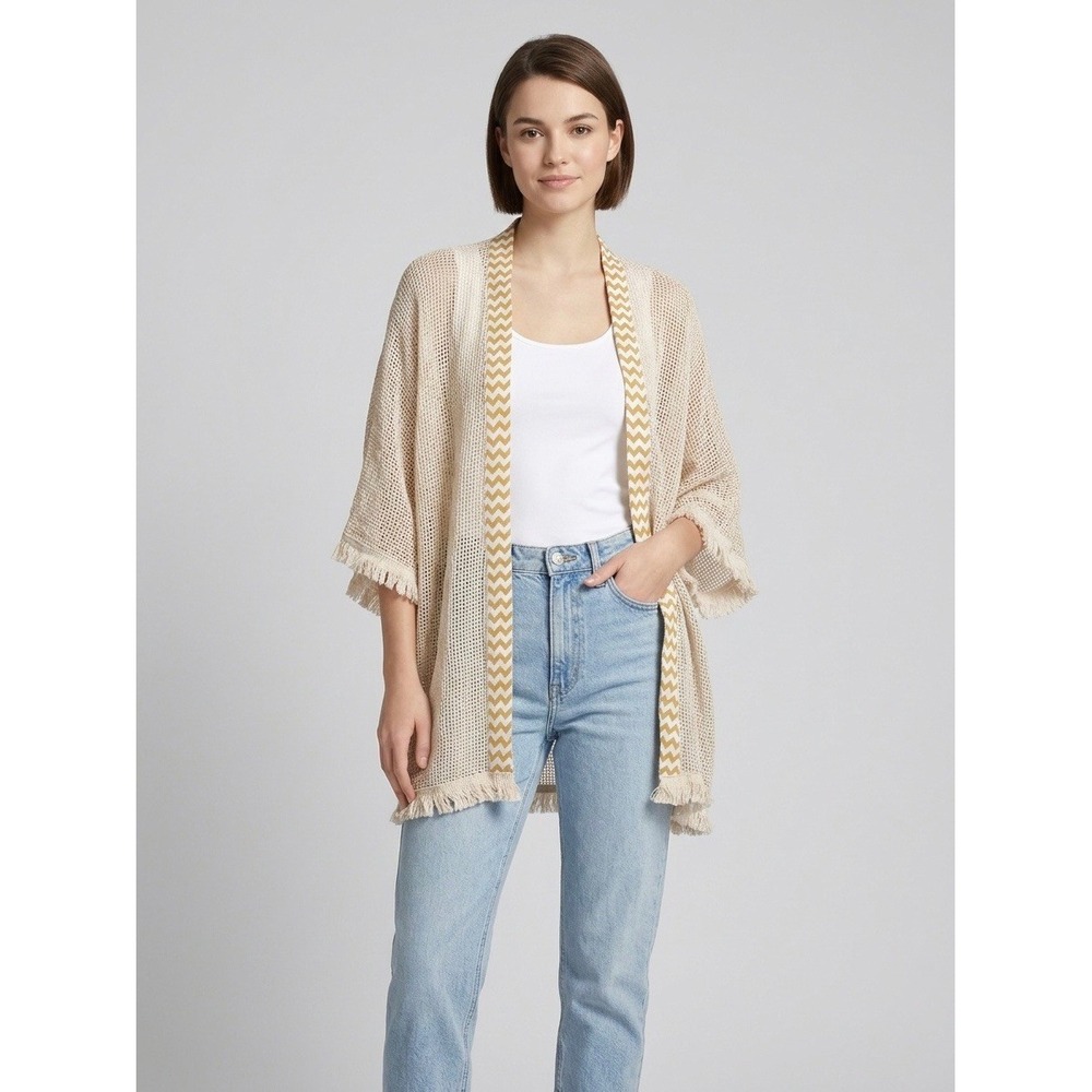 Kathmandu Imports Beige Open Knit Kimono Cardigan Chevron Trim Fringe One Size